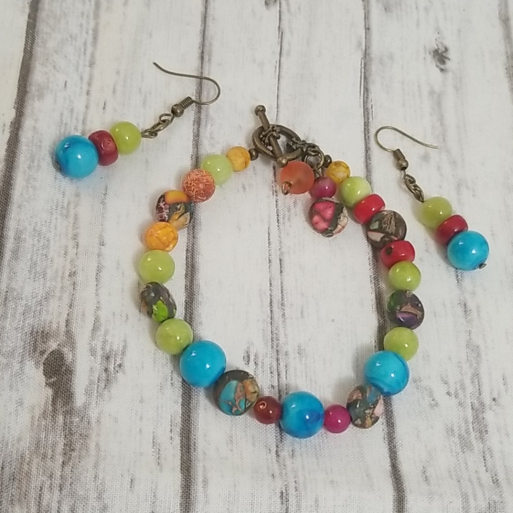 Rainbow jasper, blue, green, orange & red beaded